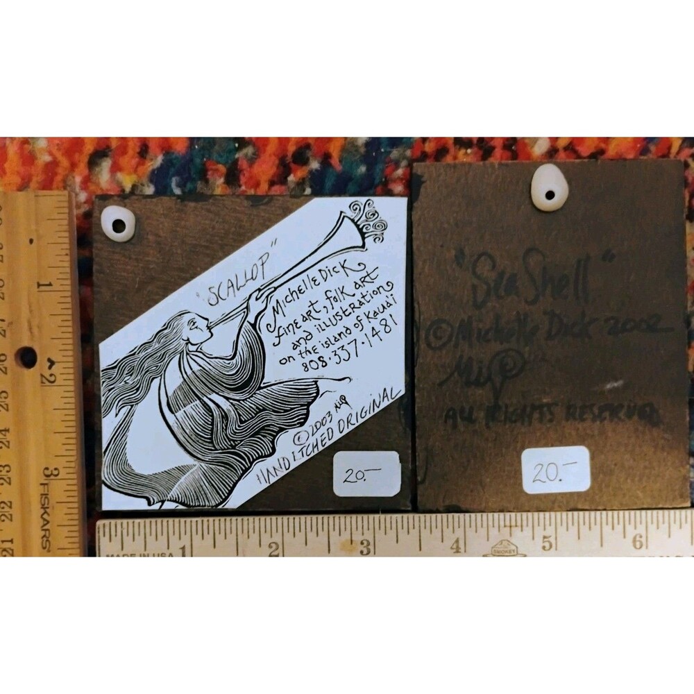 Michelle Dick Hawaii Folk Art Hand Etched Scrimshaw Shell Wooden Tiles Set of 2